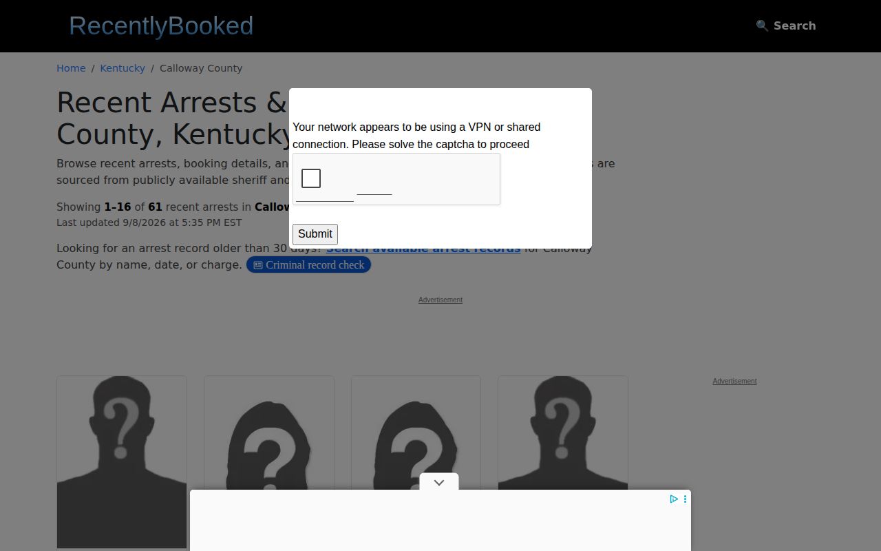 RecentlyBooked Calloway County thirty-day index interface