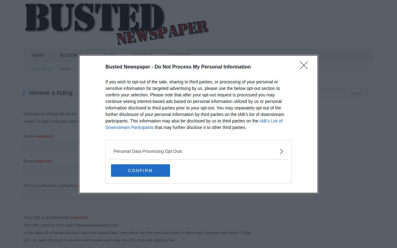 Busted Newspaper free listing correction and removal form