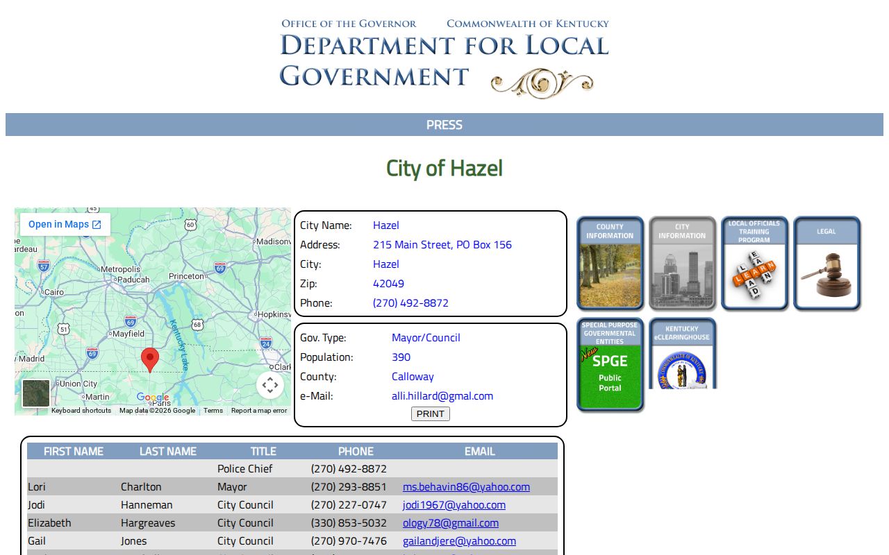 Kentucky Department for Local Government official Hazel city and police contact record