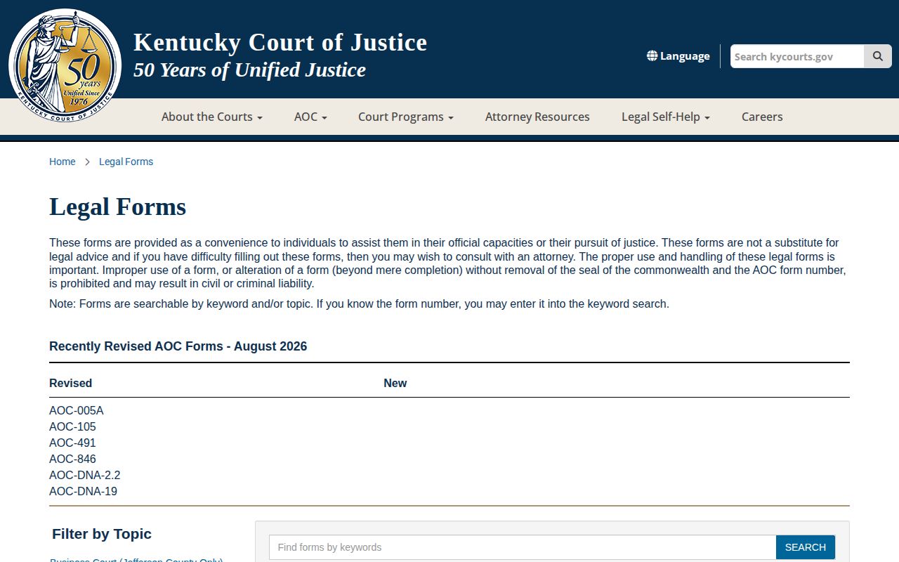 Kentucky Court of Justice legal forms and expungement page